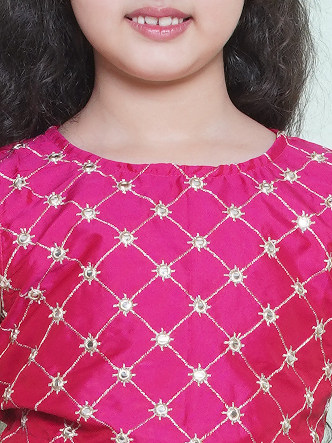 Bitiya by Bhama Girls Pink Mirror Work Ready to Wear Lehenga & Blouse With Dupatta