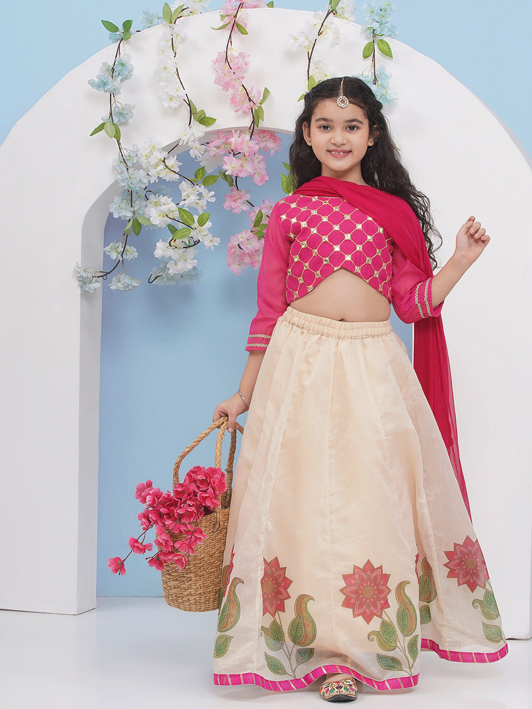 Bitiya by Bhama Girls Pink & Beige Flower Printed with Embroidered Choli, Beige Flower Printed Lace work Lehenga with Dupatta