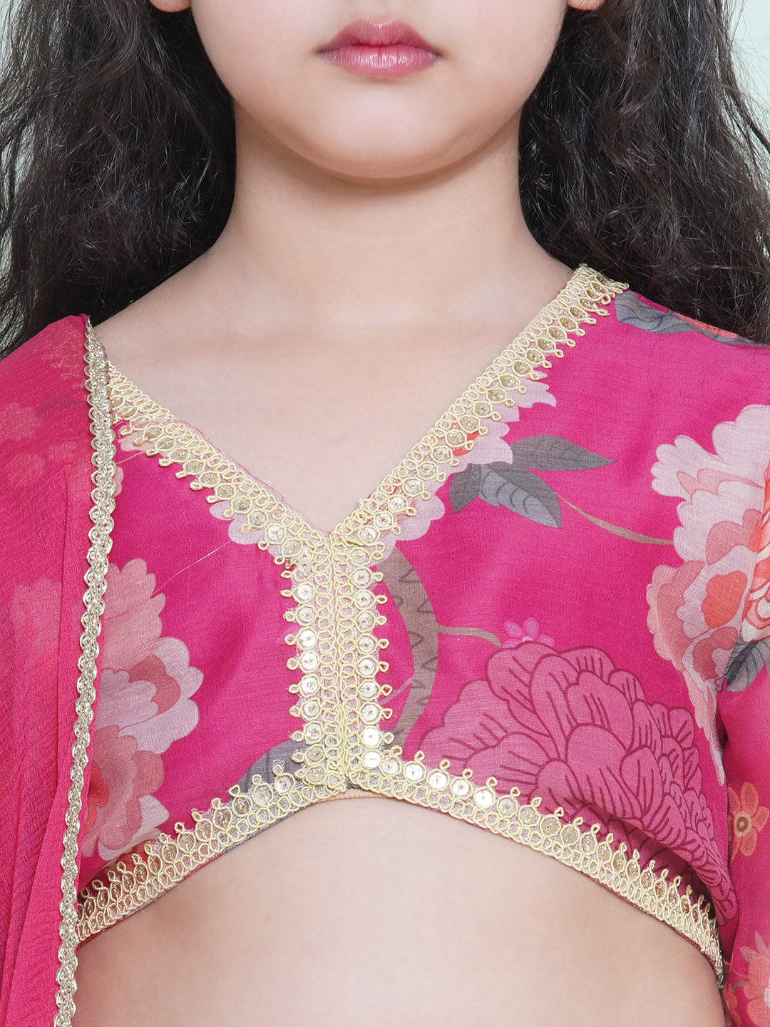 Bitiya by Bhama Girls Pink & Green Multi Digital Print Ready to wear Lehenga & Choli with Dupatta