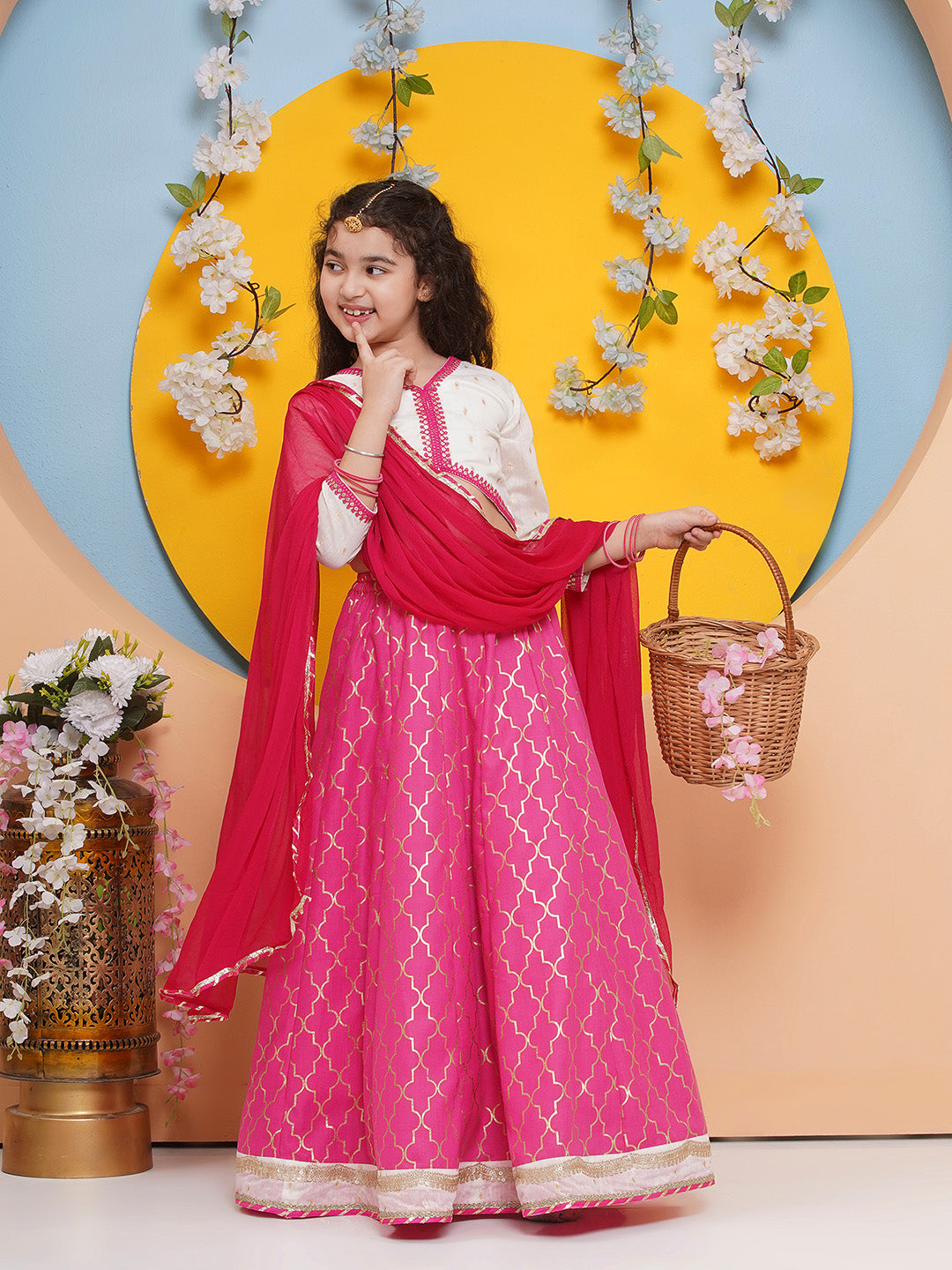 Bitiya by Bhama Girls Off white Choli, Pink Foil Printed Lace work Lehenga with Dupatta