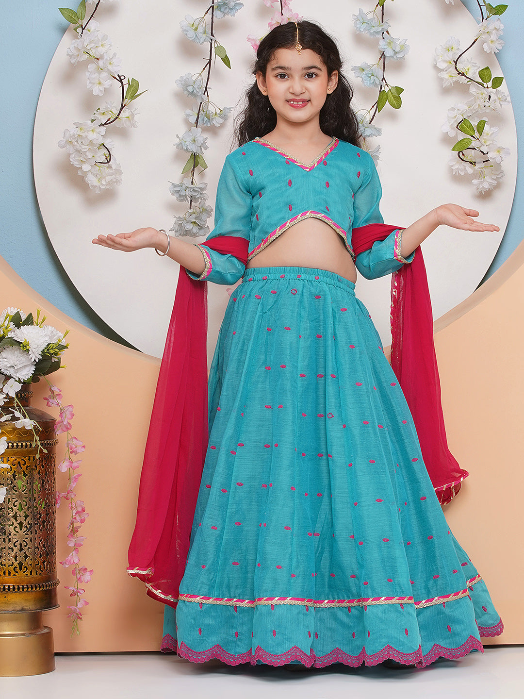 Bitiya by Bhama Girls Sea Green & Pink Embroidered Choli, Ready to Wear Lehenga with Dupatta