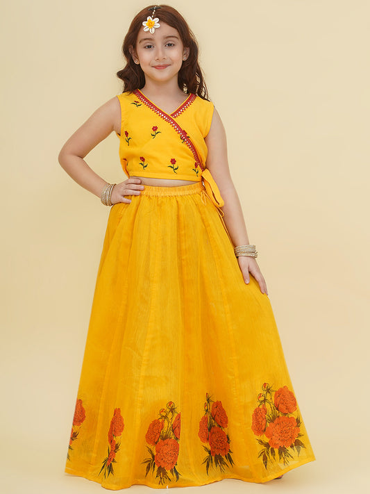 "Bitiya by Bhama Girls Yellow Embroidered Choli & Yellow Digital Flower Print Ready to Wear Lehenga "