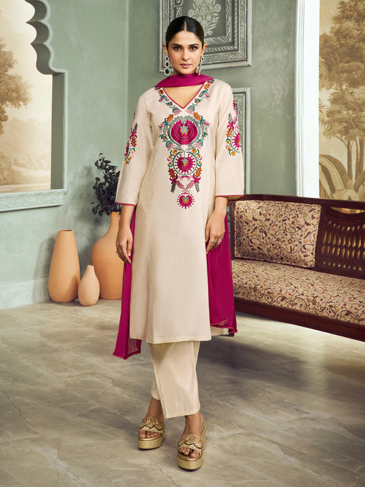 Jennifer Winget Bhama Couture Off White Empire Embroidery Straight Kurta Set With Dupatta For Women