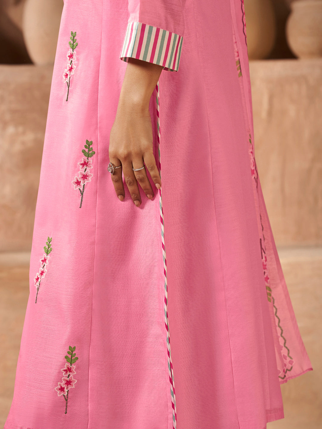 Bhama Couture Elegant Peach Floral Embroidery Straight Kurta Set With Printed Dupatta For Women
