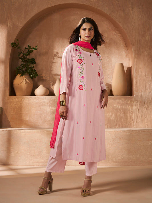 Jennifer Winget Pink Floral Embroidery Kurta Set With Dupatta For Women