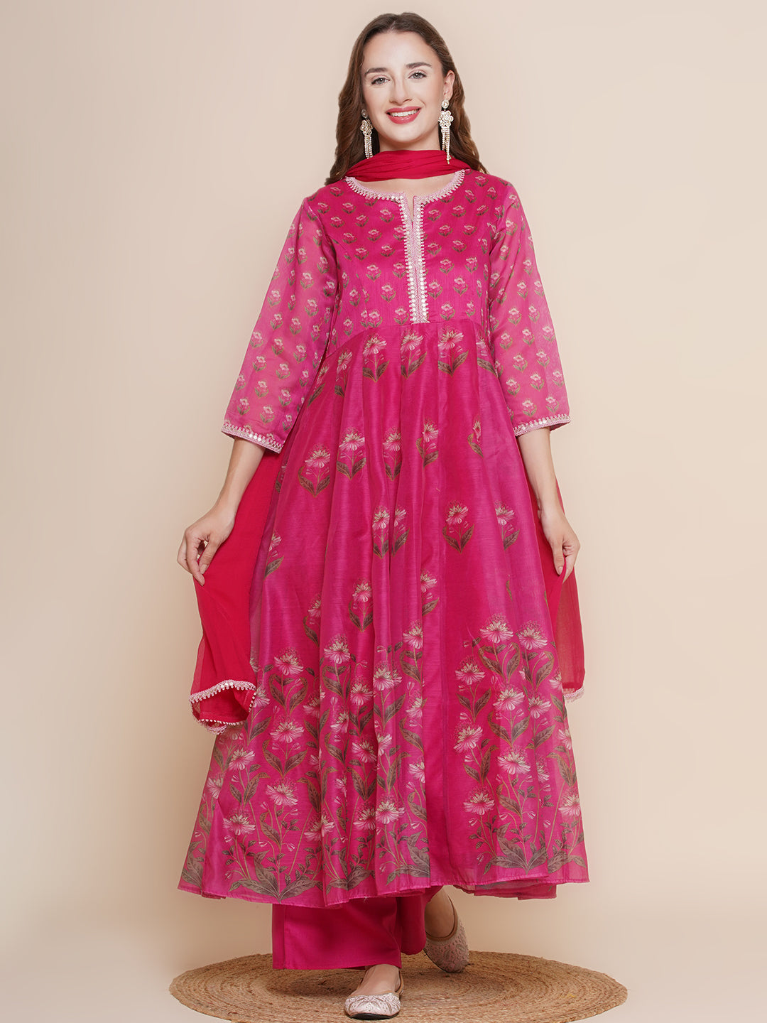Pink Floral Printed A-line Kurta with Pink palazzos & Dupatta