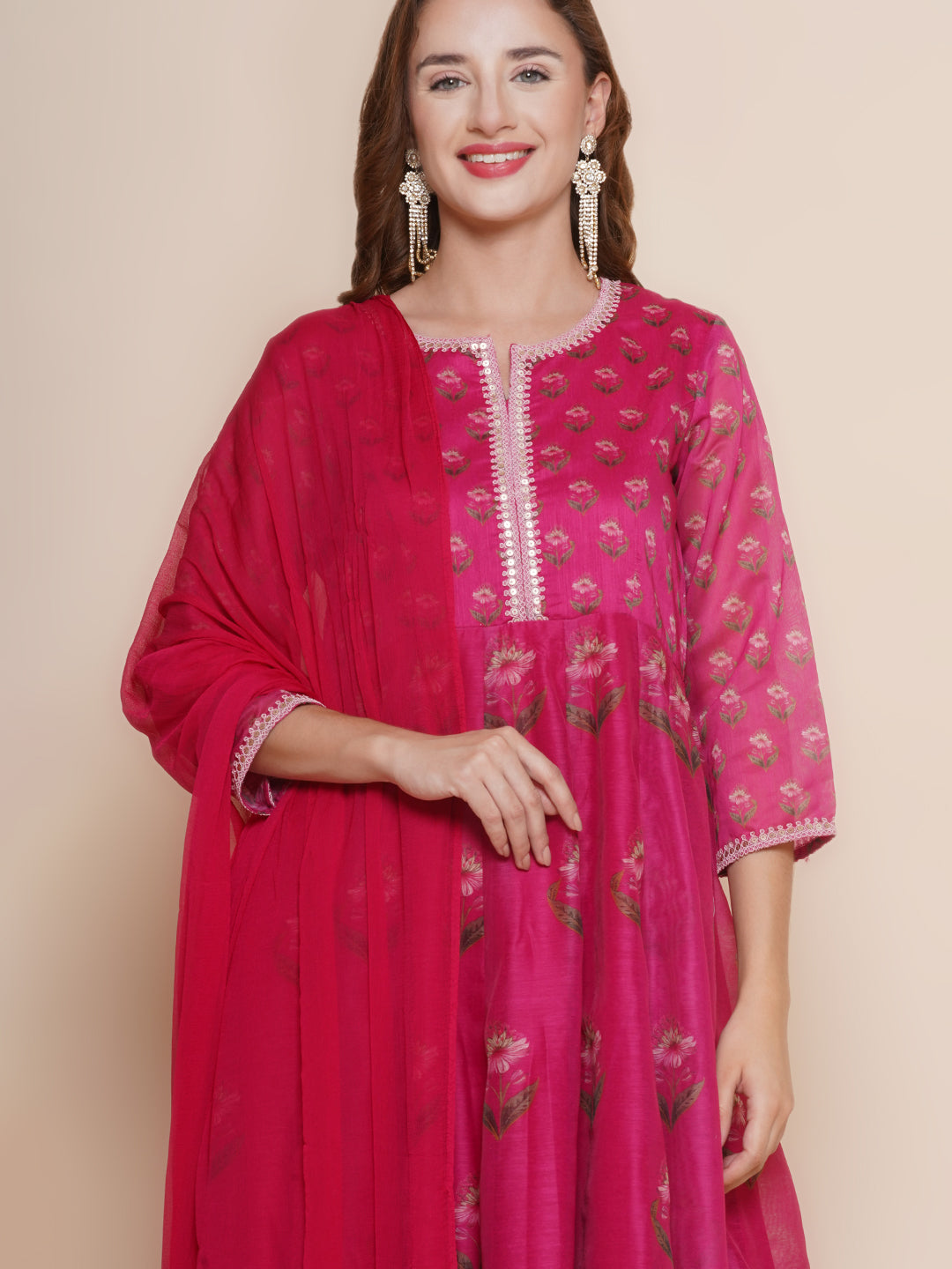 Pink Floral Printed A-line Kurta with Pink palazzos & Dupatta