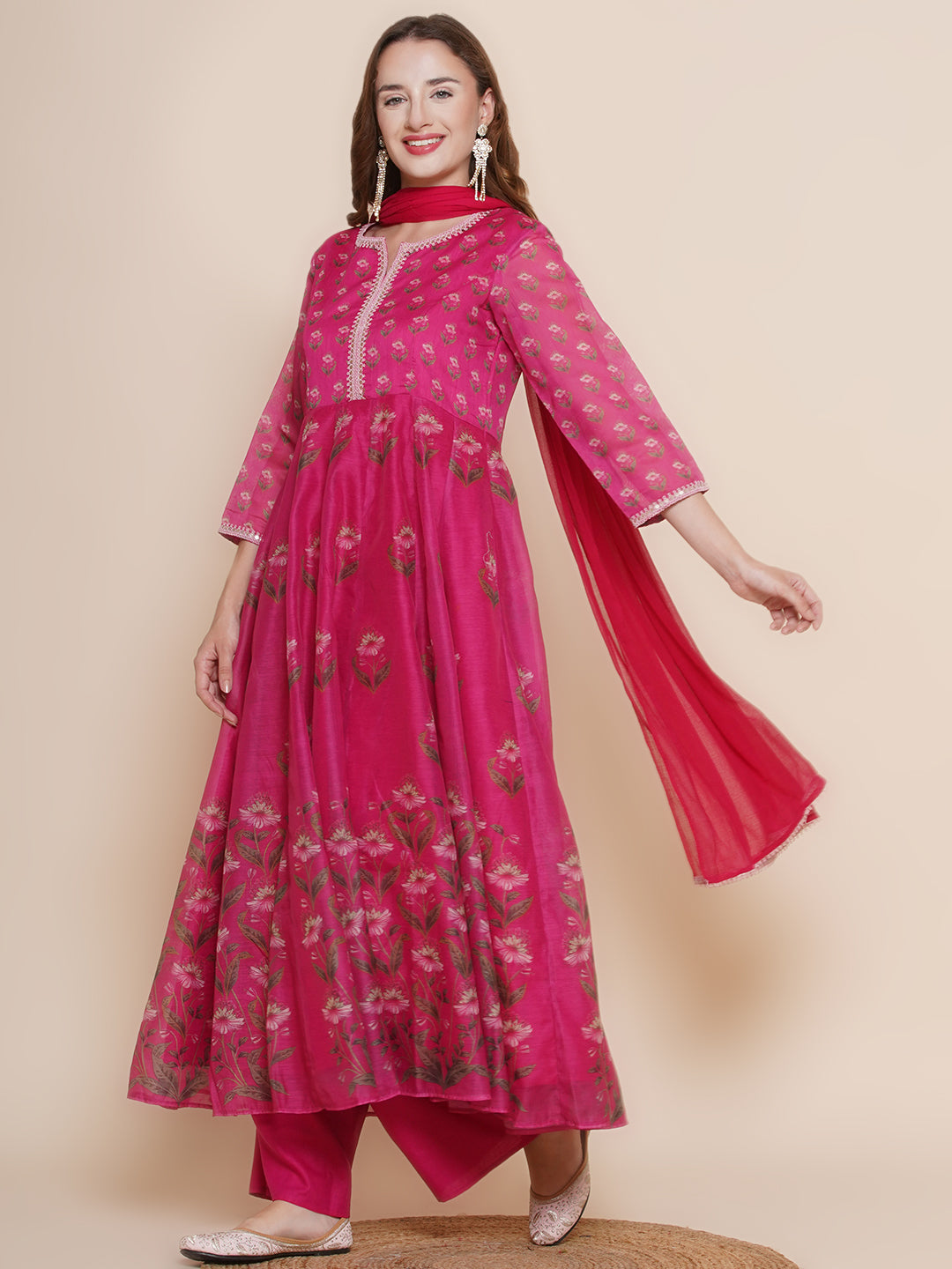Pink Floral Printed A-line Kurta with Pink palazzos & Dupatta