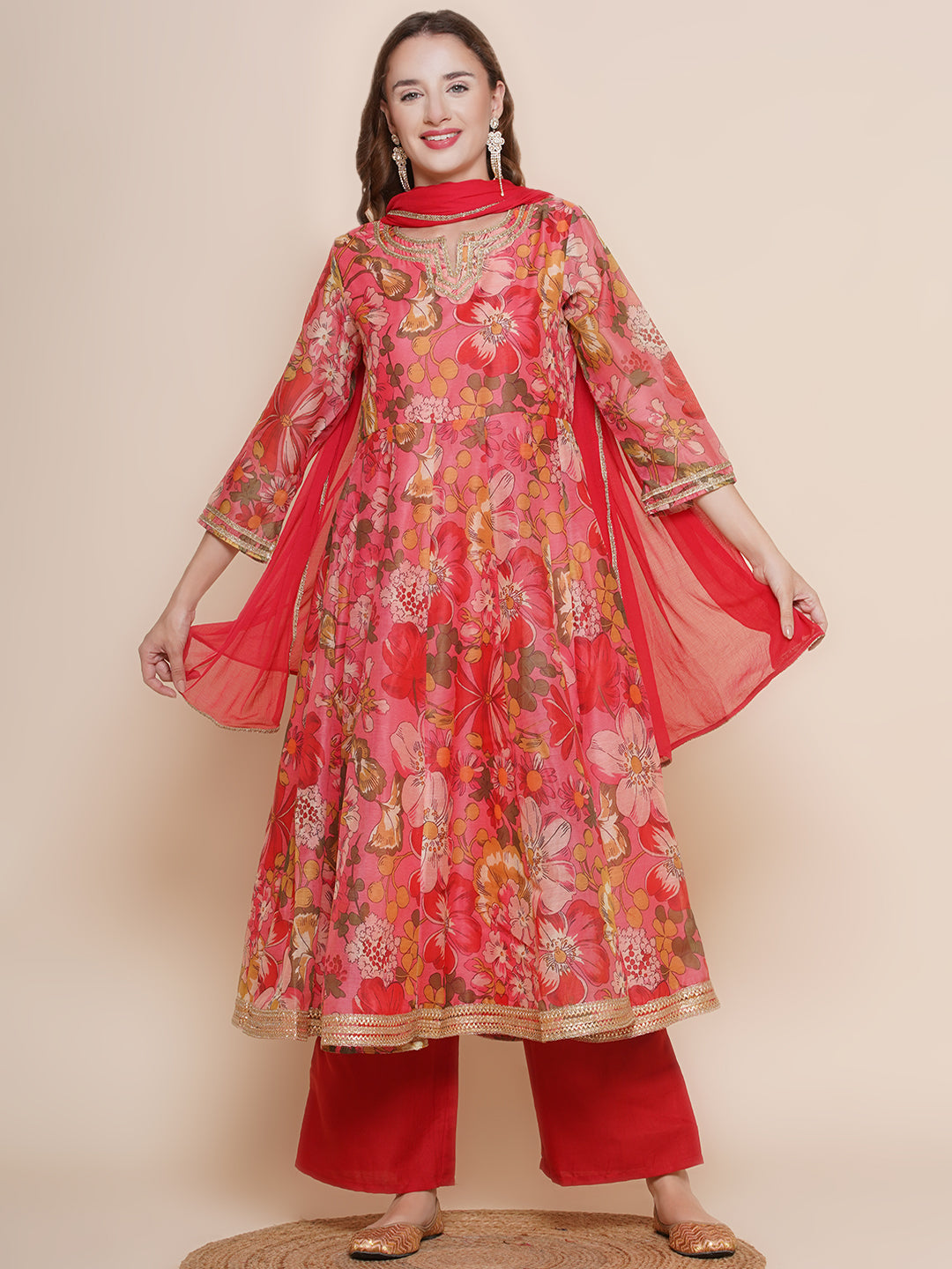 Red Floral Printed Flared Kurta with red palazzos & Dupatta