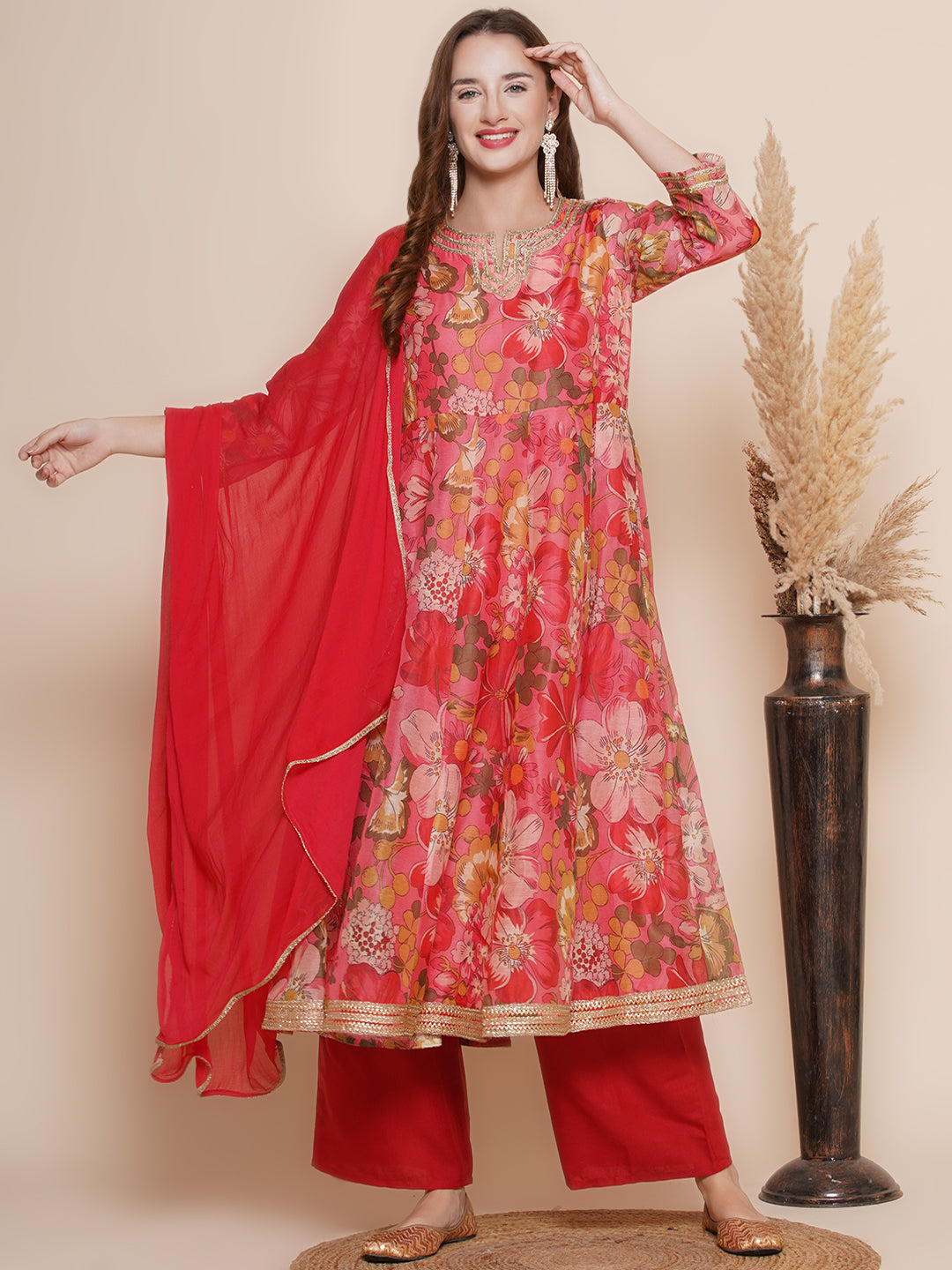 Red Floral Printed Flared Kurta with red palazzos & Dupatta