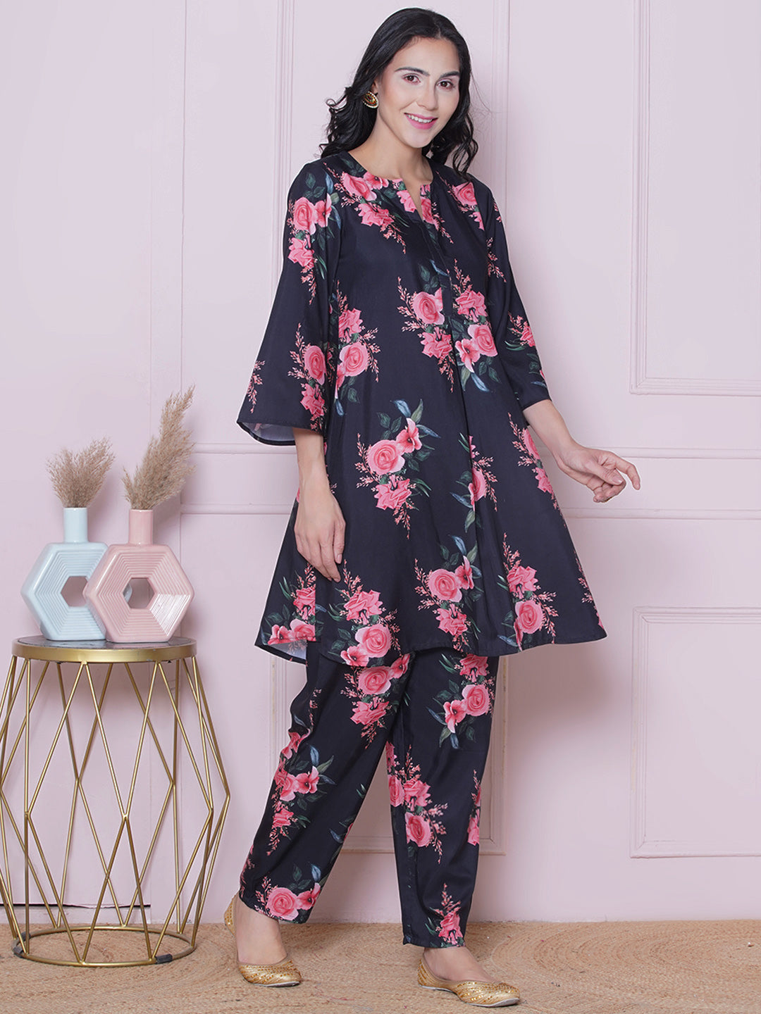 Black Floral Printed Kurta Set