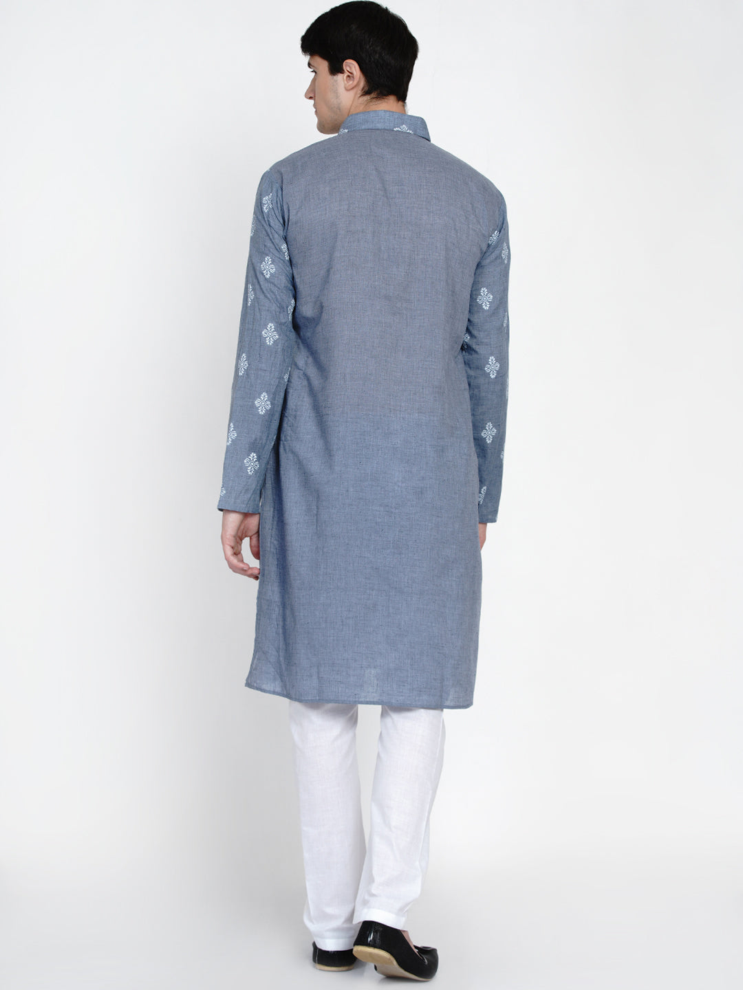 Men Blue Embroidered Pure Cotton Kurti with Pyjamas