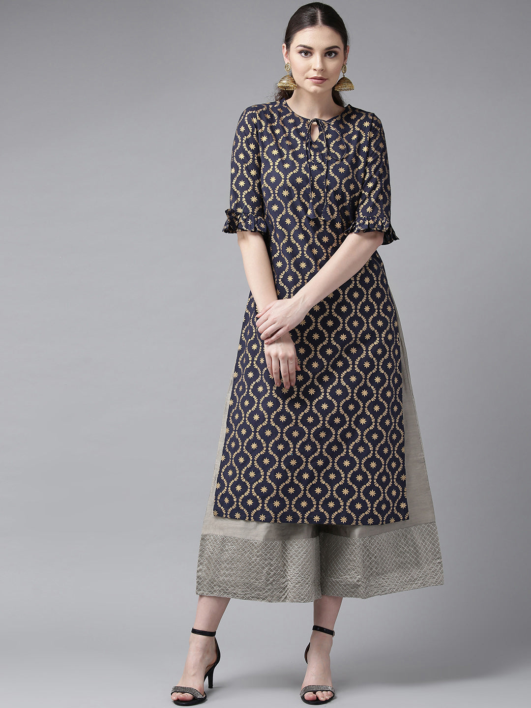 Bhama Couture Navy Blue & Golden Block Printed Straight Kurta