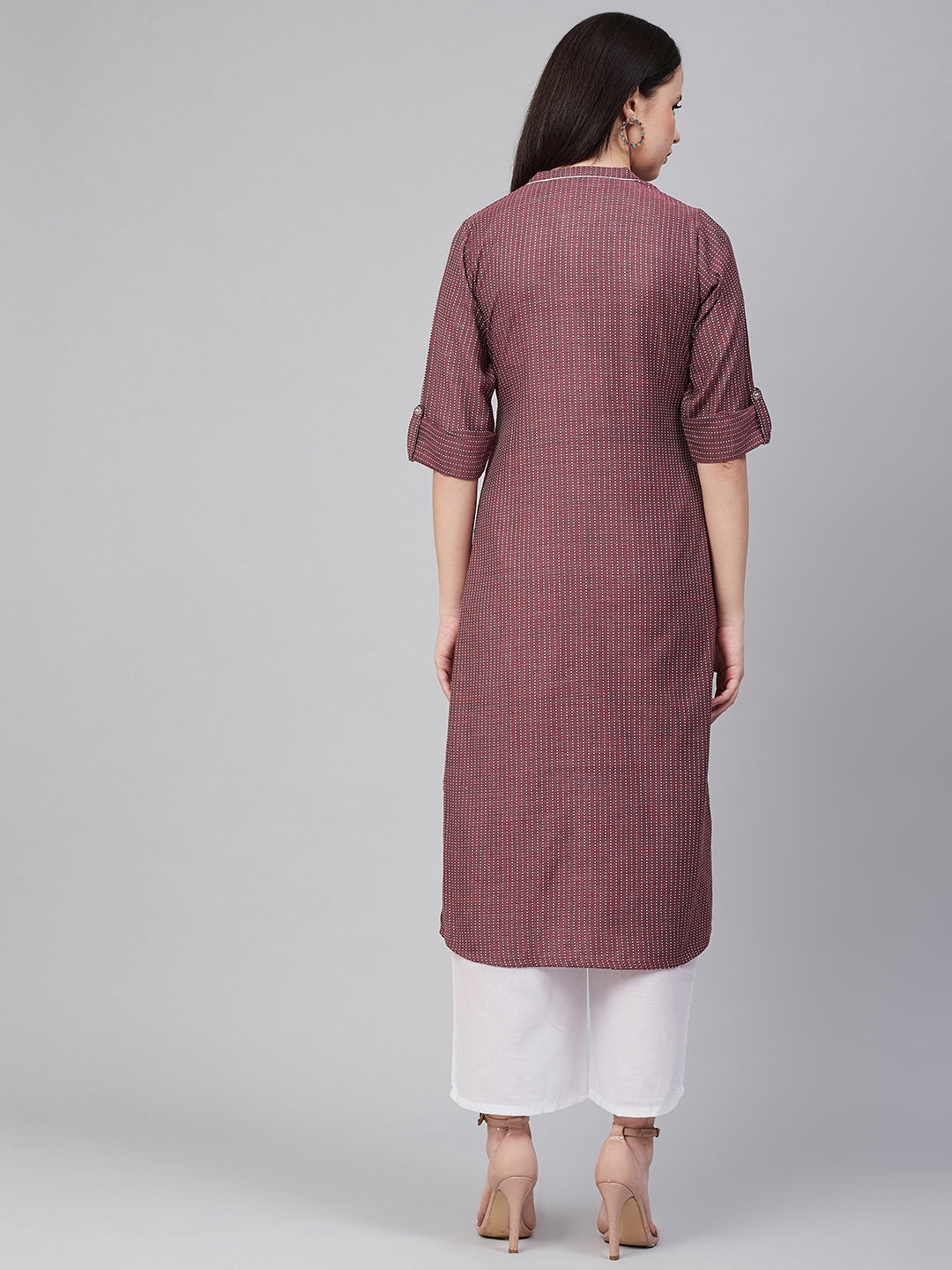 Bhama Couture Women Maroon & White Self-Striped Straight Kurta
