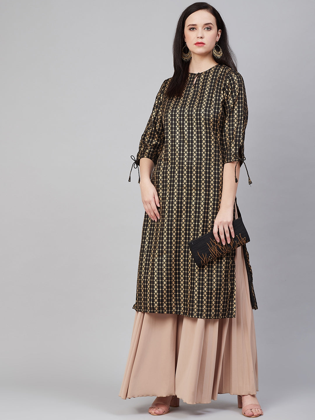 Bhama Couture Black & Golden Block Print Straight Kurta