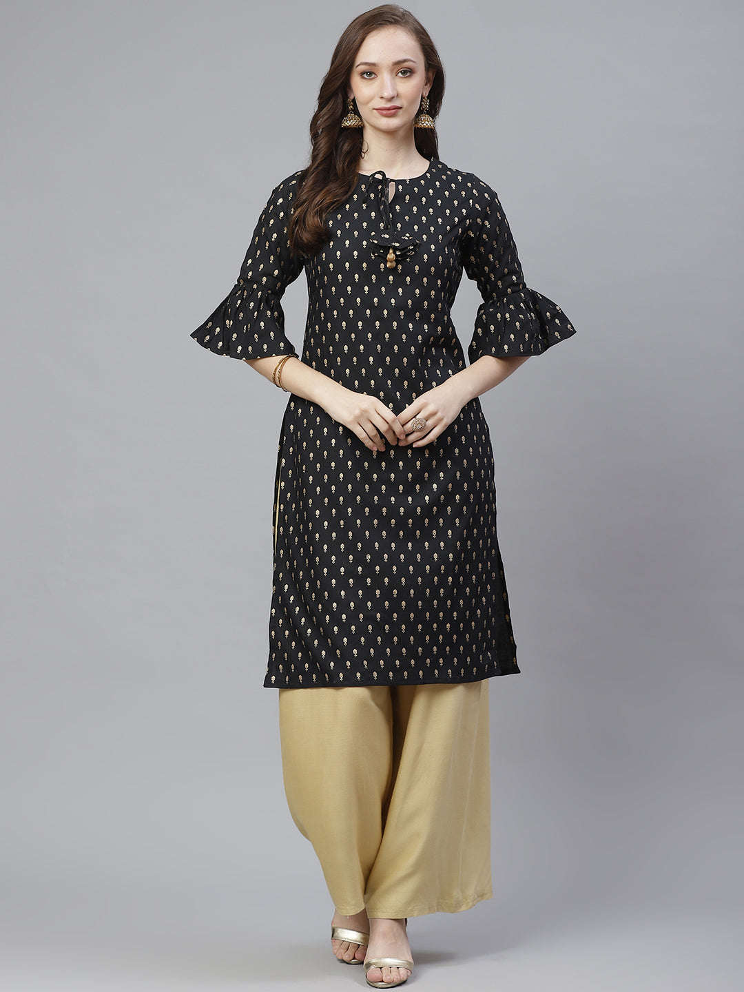 Bhama Couture Black & Golden Ethnic Block Printed Straight Kurta