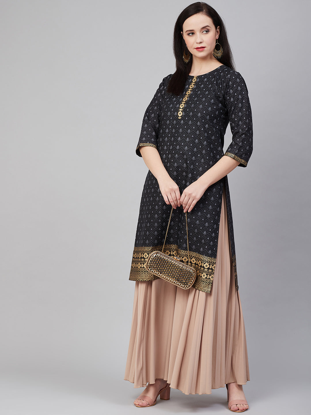 Bhama Couture Black Golden Block Print Straight Kurta