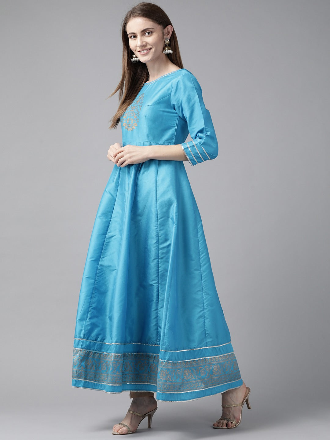 Blue & Gold-Toned Ethnic Motifs Printed Block Print Anarkali Kurta