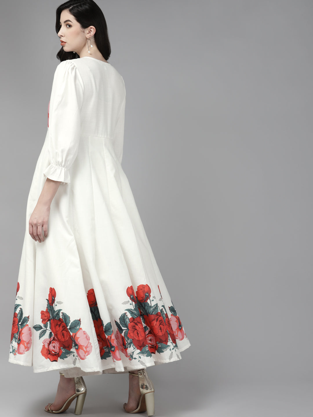 Off White & Red Floral Printed Anarkali Kurta