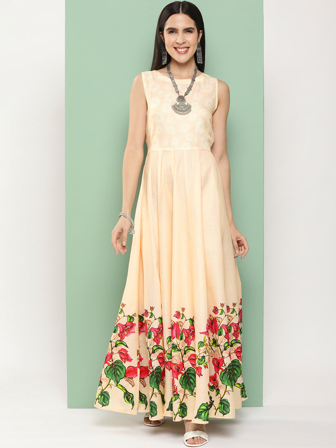 Bhama Couture Beige Printed Long Dress With Waist Belt
