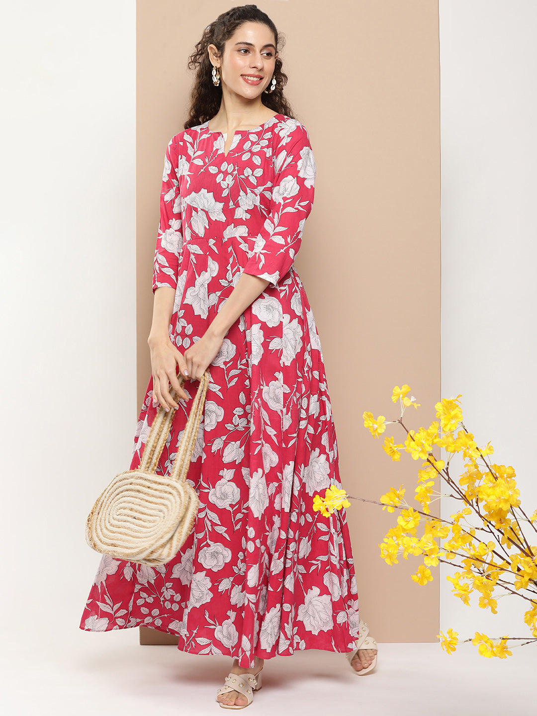 Shop Bhama Couture Pink Printed Long Dress With Waist Belt Online