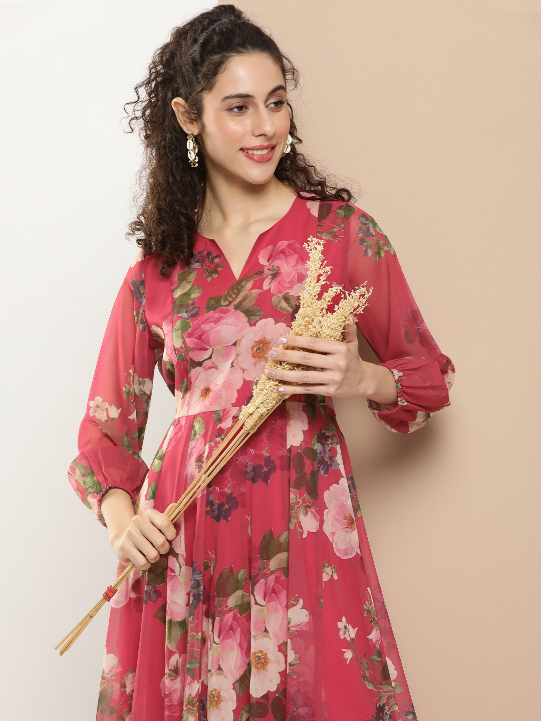 Bhama Couture Fuchsia Printed Long Dress With Waist Belt