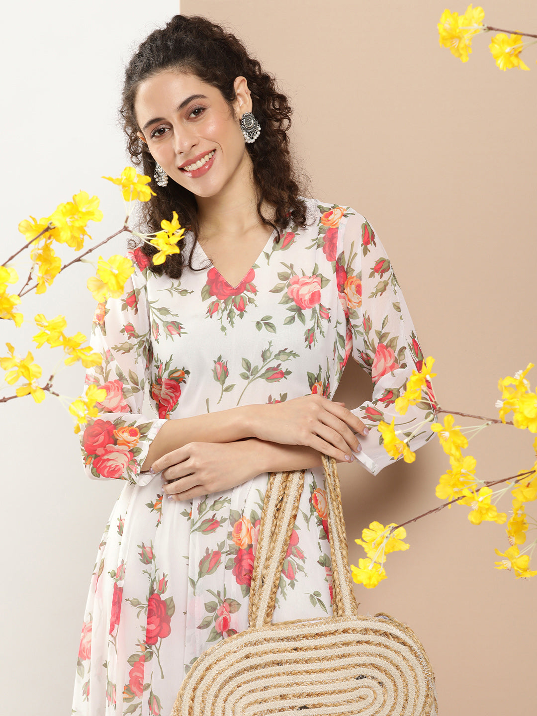 Bhama Couture White Printed Long Dress With Waist Belt