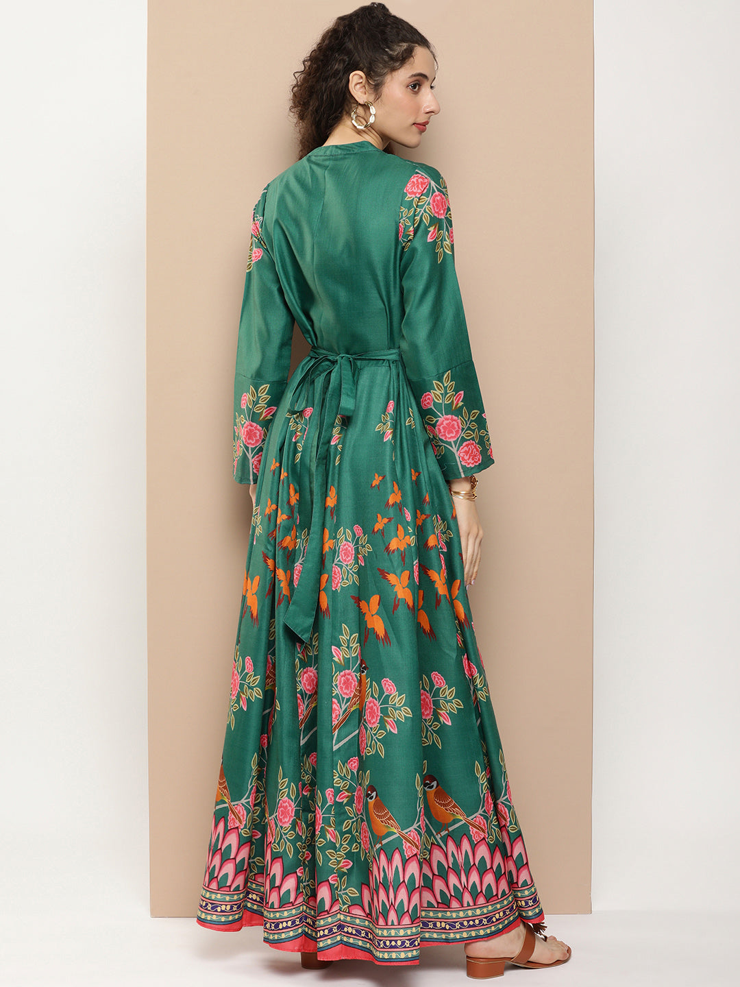 Bhama Couture Green Printed Long Dress With Waist Belt