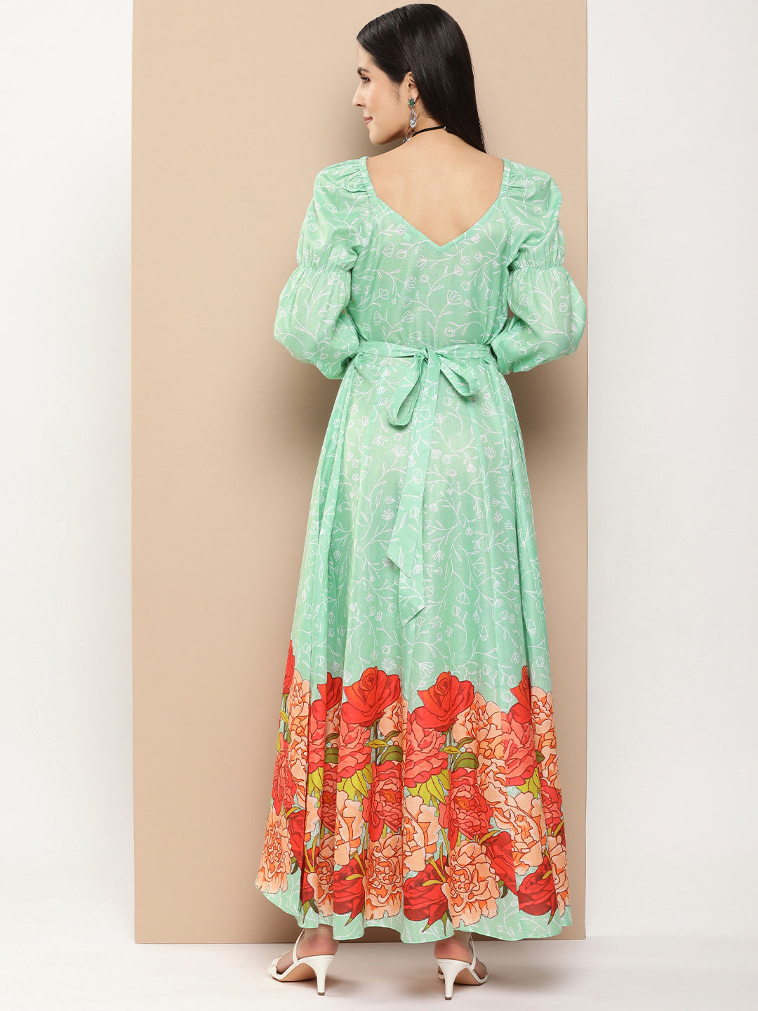 Bhama Couture Green Printed Long Dress With Waist Belt