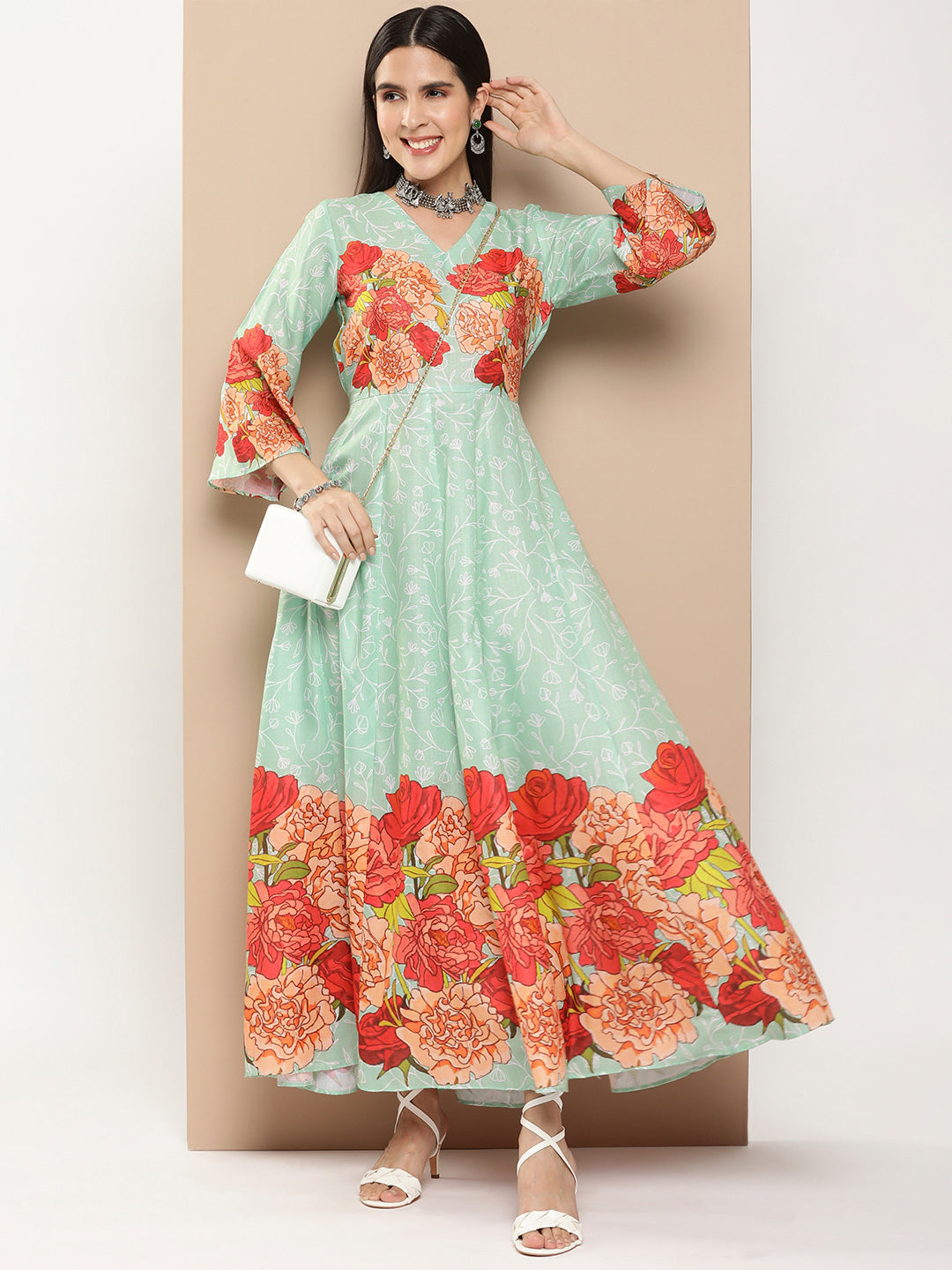 Shop Bhama Couture Green Printed Long Dress With Waist Belt Online