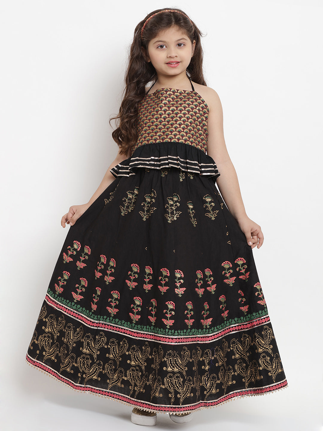 Bitiya by Bhama Black & Gold-Coloured Block Printed Ready to Wear Lehenga with Blouse