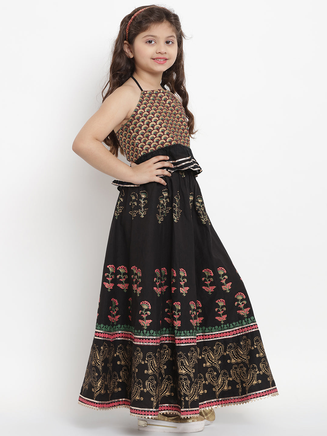 Bitiya by Bhama Black & Gold-Coloured Block Printed Ready to Wear Lehenga with Blouse