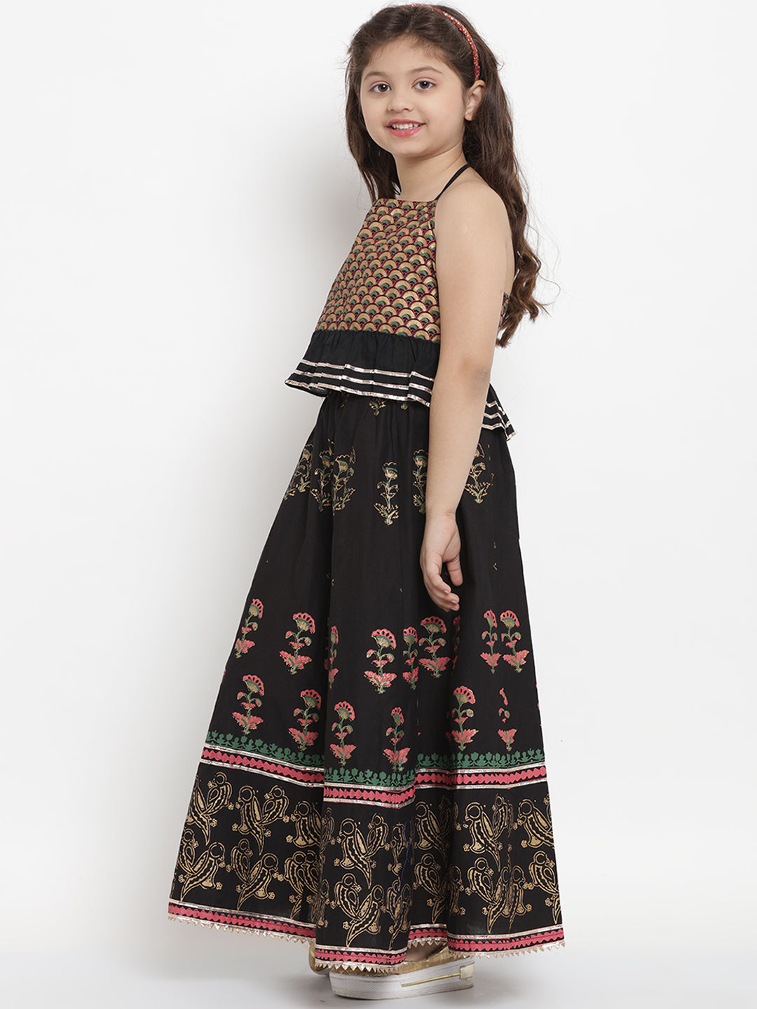 Bitiya by Bhama Black & Gold-Coloured Block Printed Ready to Wear Lehenga with Blouse