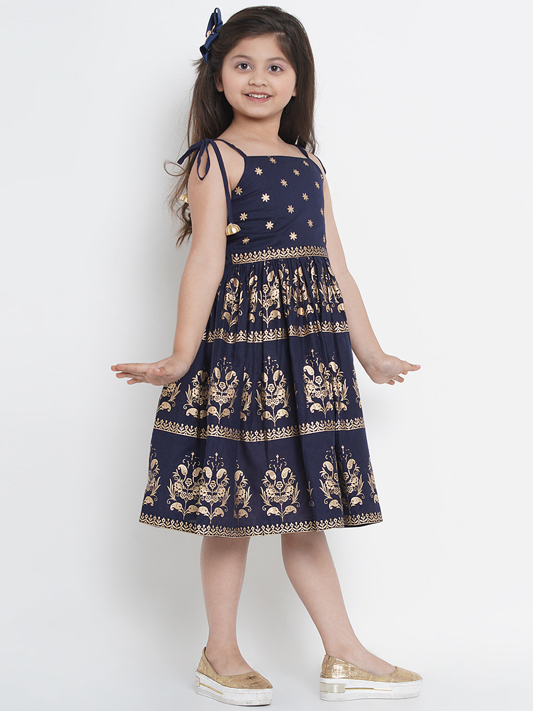 Bitiya By Bhama Girls Navy Blue Foil Print Fit & Flare Dress