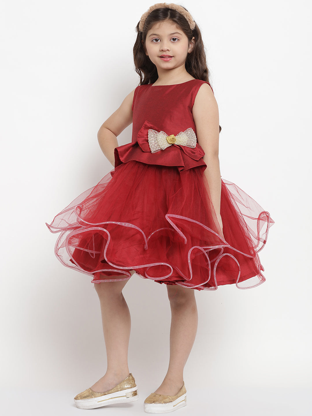 Bitiya By Bhama Girls Maroon Solid Layered Dress