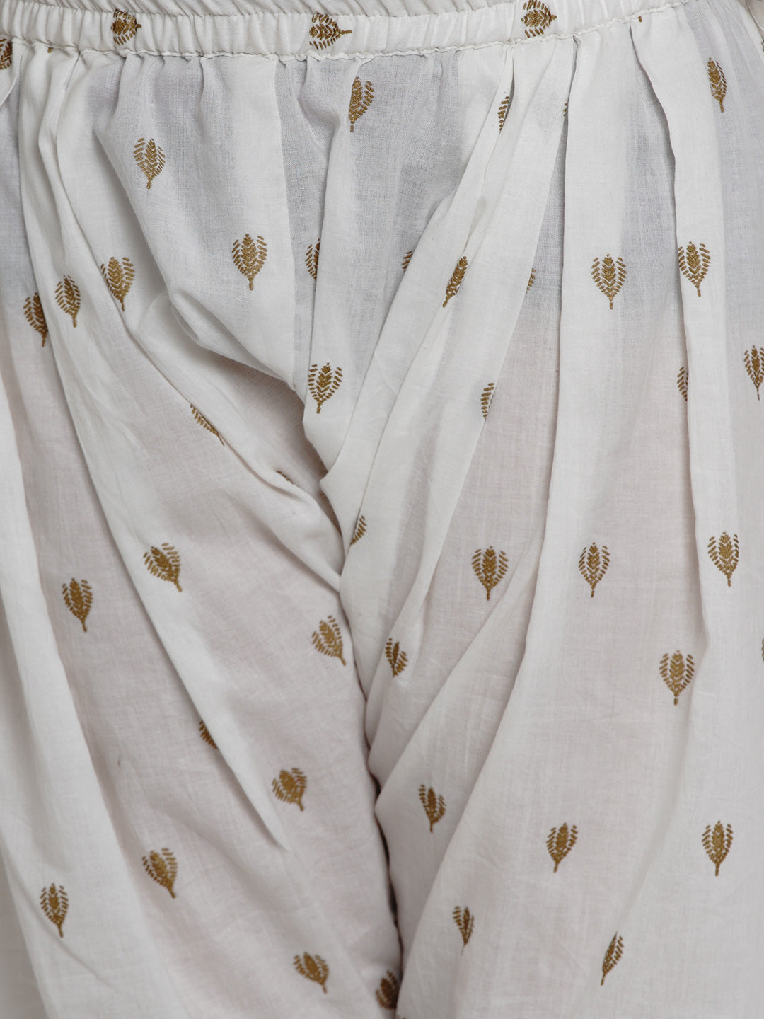Bitiya By Bhama Girls Off White Ethnic Motifs Printed Cotton Kurta With Dhoti Salwar
