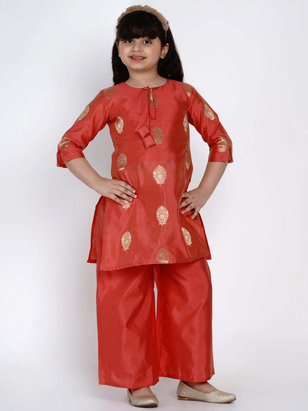 Bitiya By Bhama Peach Round Neck Kurta With Palazzos