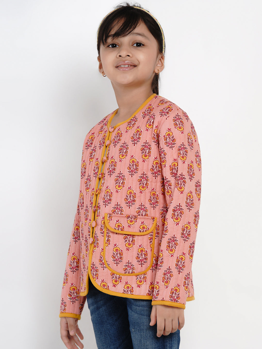 Bitiya by Bhama
Girls Peach & Mustard Yellow Printed Open Front Jacket