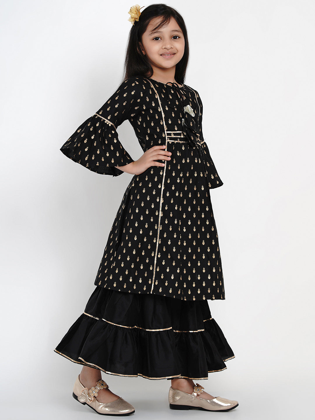 Girls Black Printed Kurta With Sharara