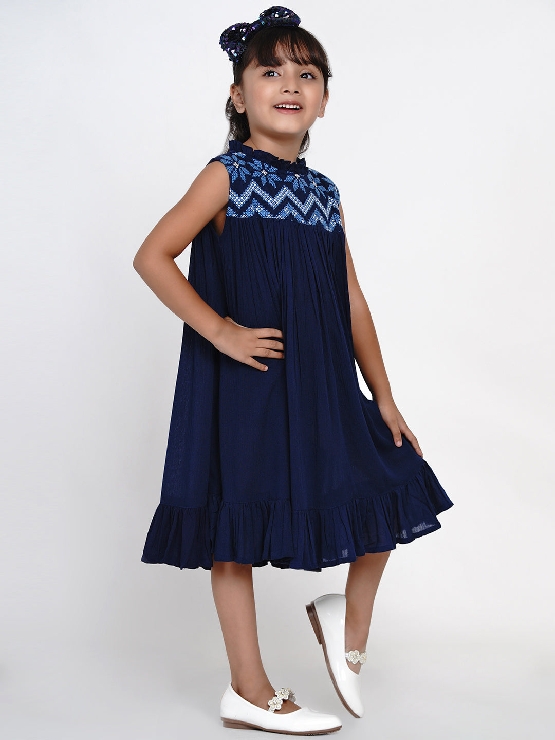 Bitiya By Bhama Girls Navy Blue Embroidered A-Line Dress