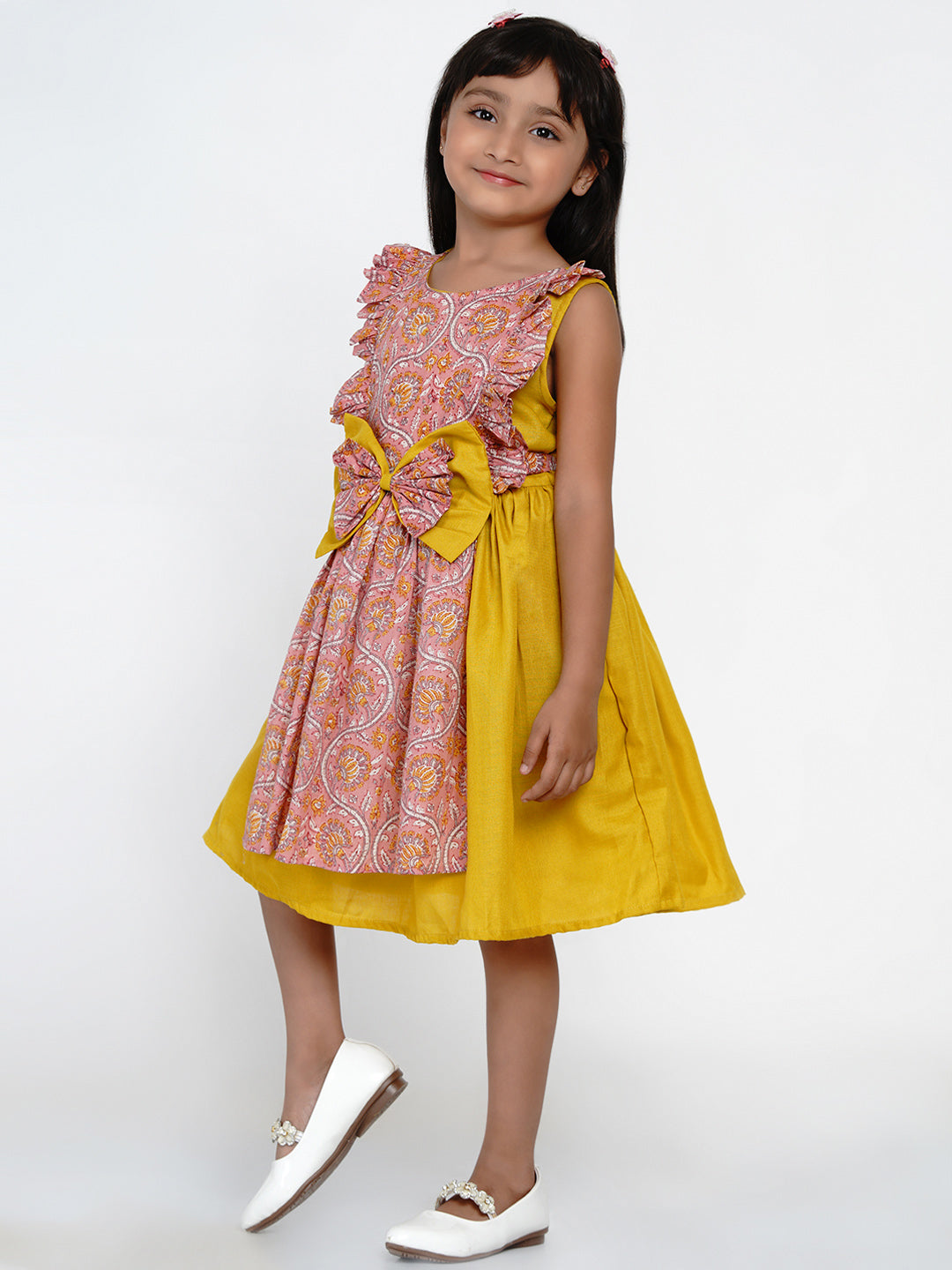 Bitiya by Bhama Girls Yellow & Pink Floral Printed Cotton Layered Fit and Flare Dress