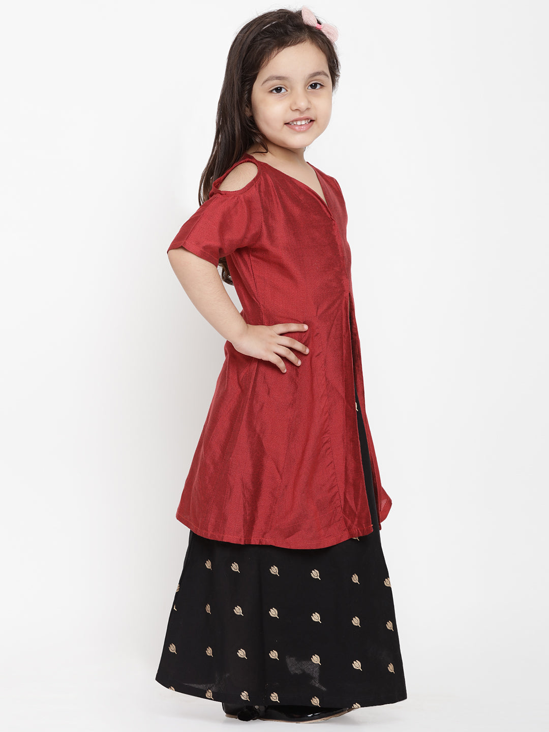 Bitiya By Bhama Girls Maroon & Black Solid Top With Skirt