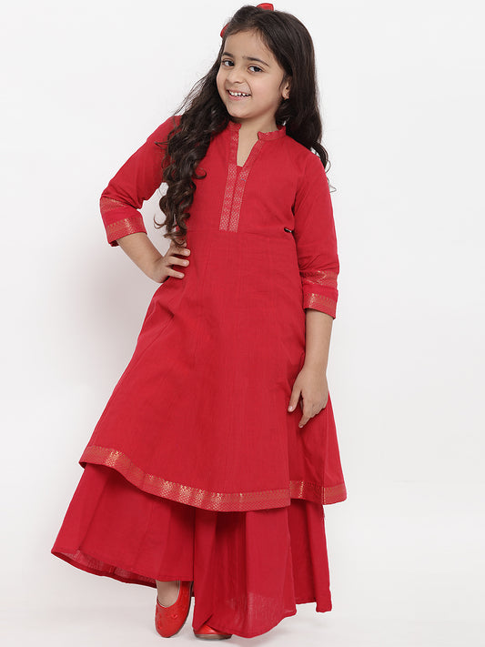 Bitiya by Bhama Girls Red Pure Cotton Kurti with Palazzos