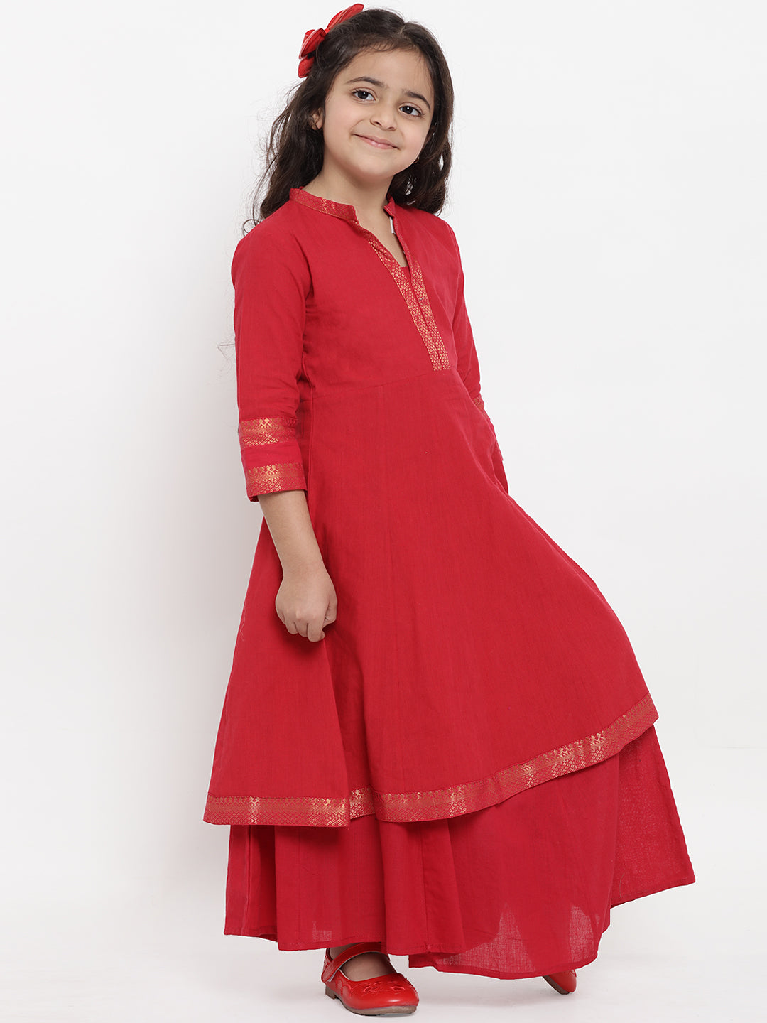 Bitiya by Bhama Girls Red Pure Cotton Kurti with Palazzos