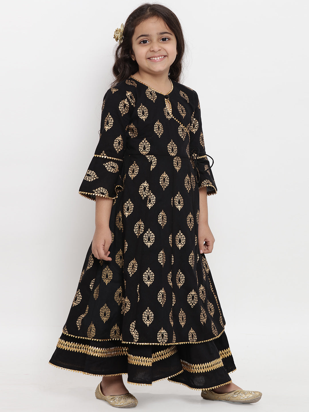 Bitiya By Bhama Girls Black Foil Printed Angrakha Kurta With Palazzos