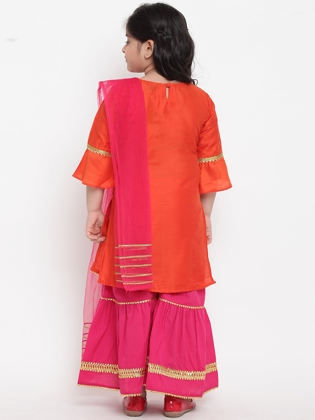 Bitiya By Bhama Girls Orange & Pink Embroidered Kurta With Palazzos & Dupatta