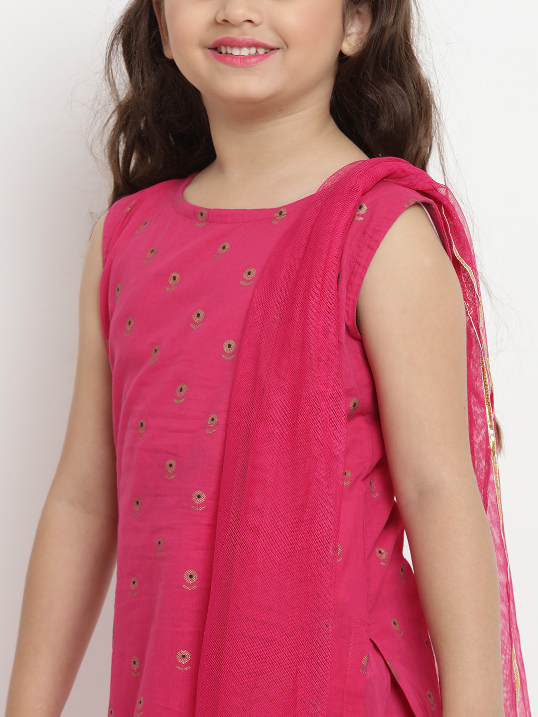 Bitiya by Bhama Girls Fuchsia Printed Kurta with Sharara & Dupatta