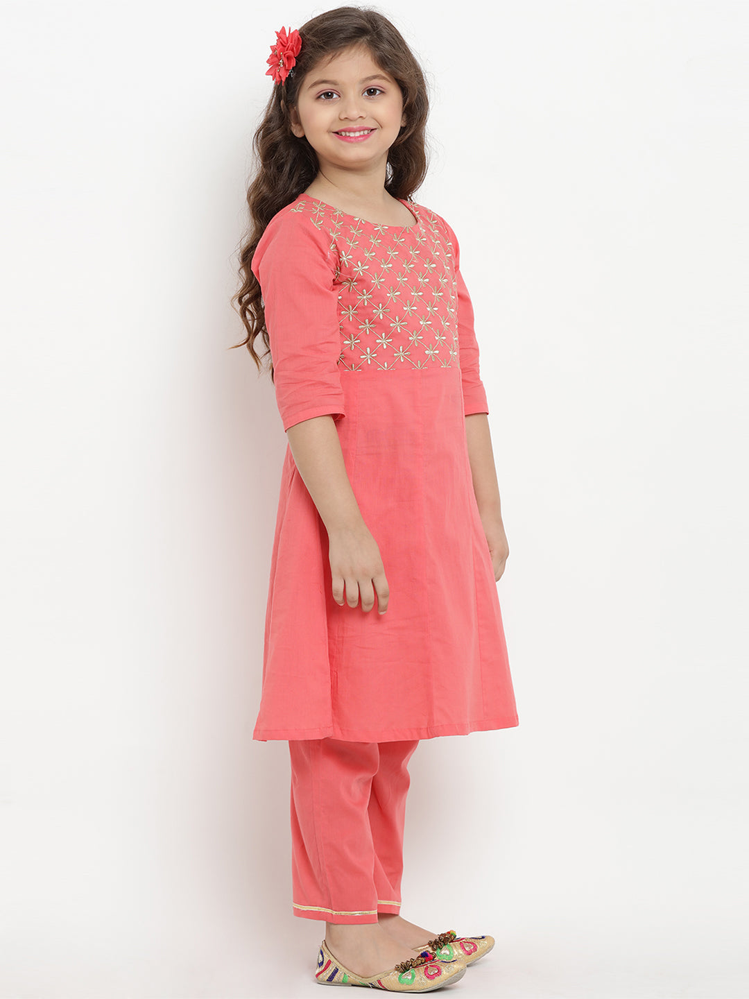 Bitiya by Bhama Girls Peach-Coloured Embroidered Kurta with Trousers & Dupatta