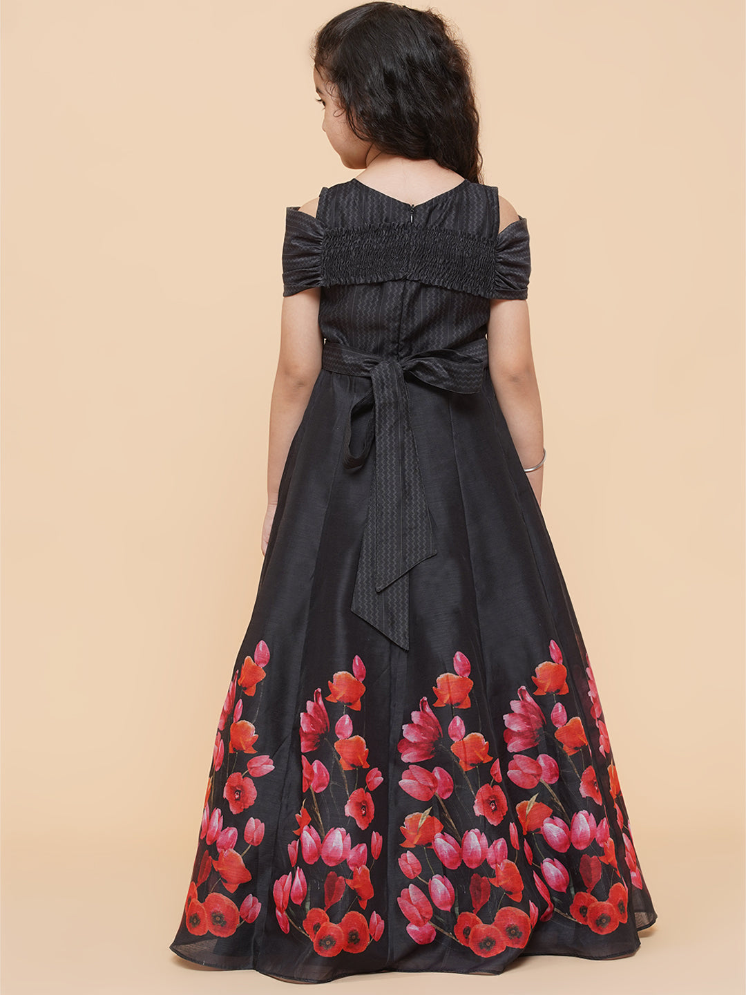 Bitiya By Bhama Girls Black Chnaderi Tulip Digital Print Fit & Flared Dress