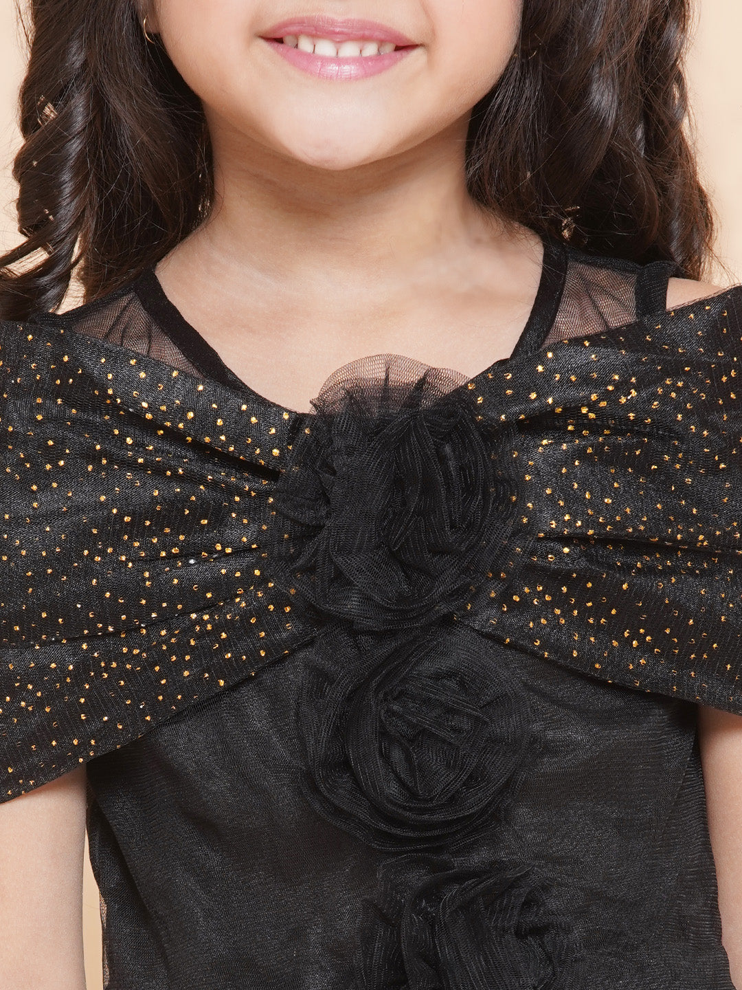 Bitiya By Bhama Girls Black Net Embellished Fit & Flared Maxi Dress.